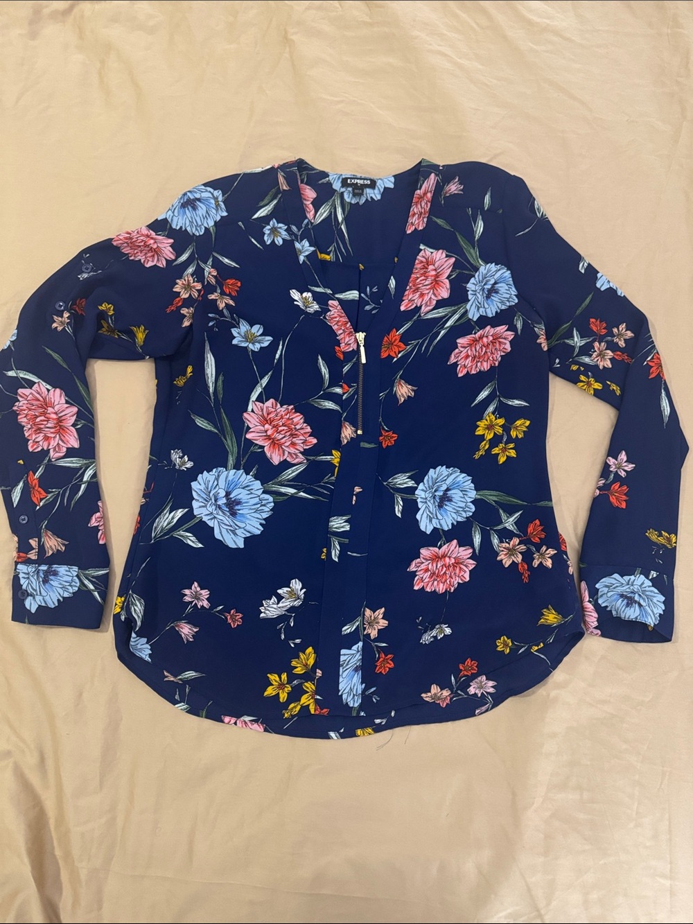 Express Navy Floral V-Neck Button Blouse